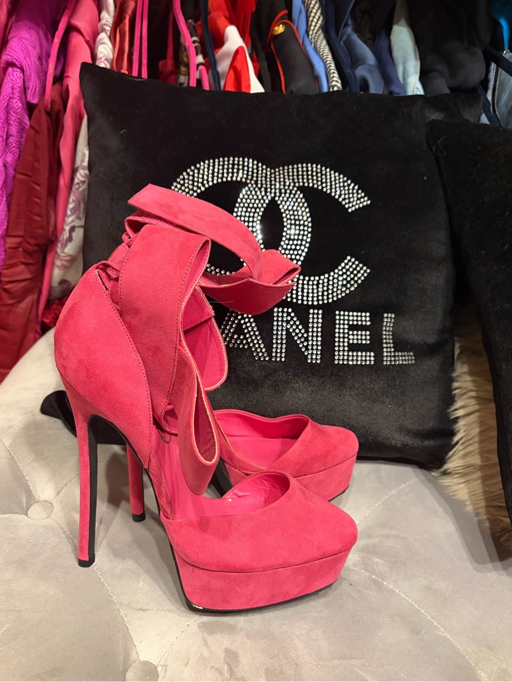 Privileged Hot Pink Suede Platform Stiletto Heels with Wrap Detail